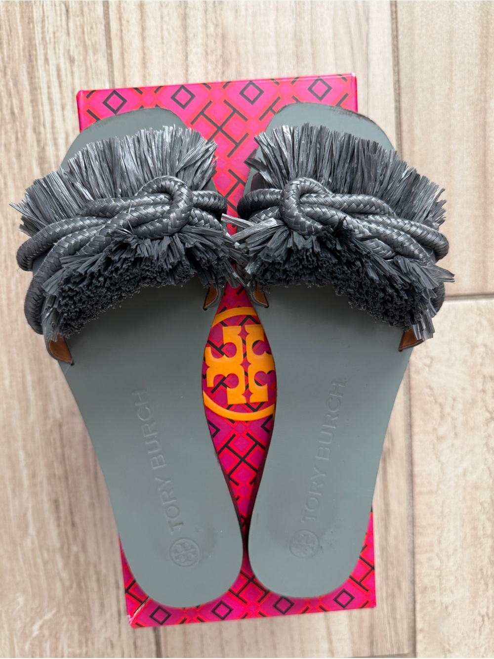Tory Burch Charcoal Fringe Knot Slides